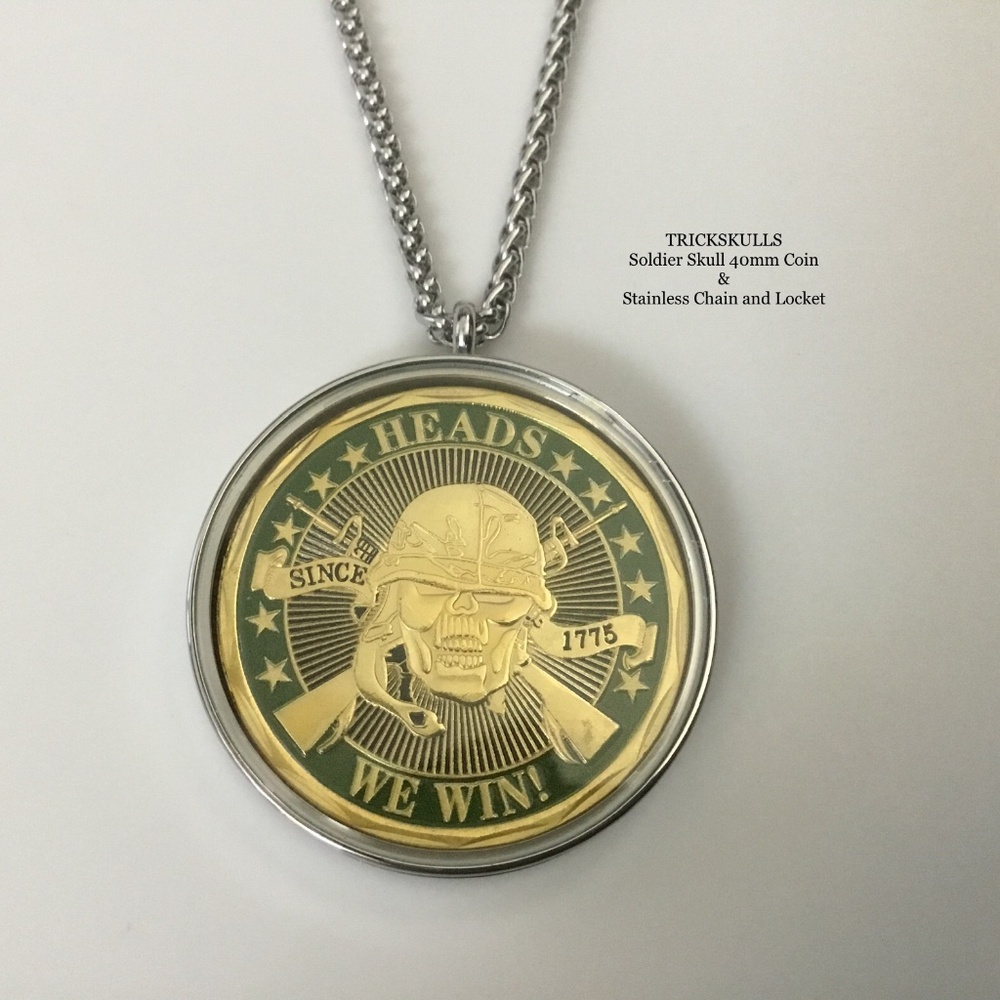 Soldier Skull Enamel Coin in Stainless Locket & 45 - 60cm Wheat Link Chain